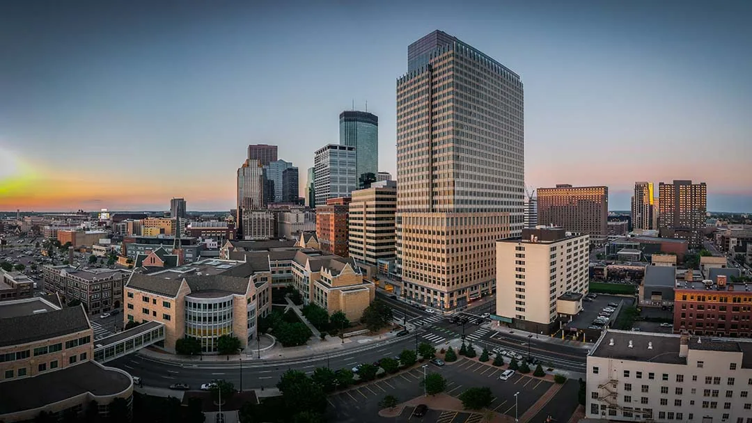 Wide view of the city skyline at dusk