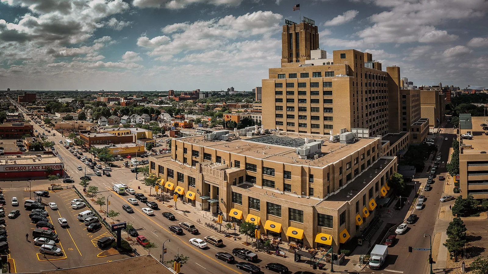 Aerial view of the Midtown streets and historic market building