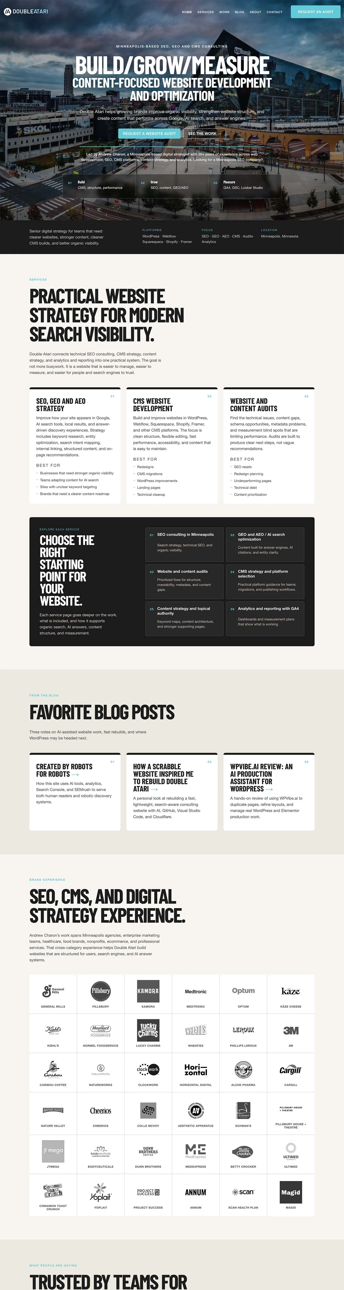 Double Atari homepage showing its Minneapolis setting, services, favorite articles, and brand experience