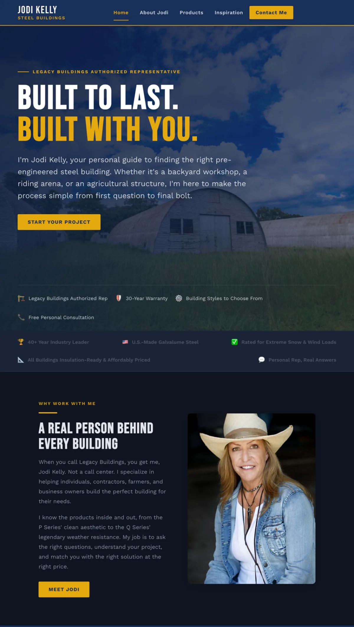 Jodi Kelly Buildings website showing the Built to Last, Built With You headline and Jodi's introduction