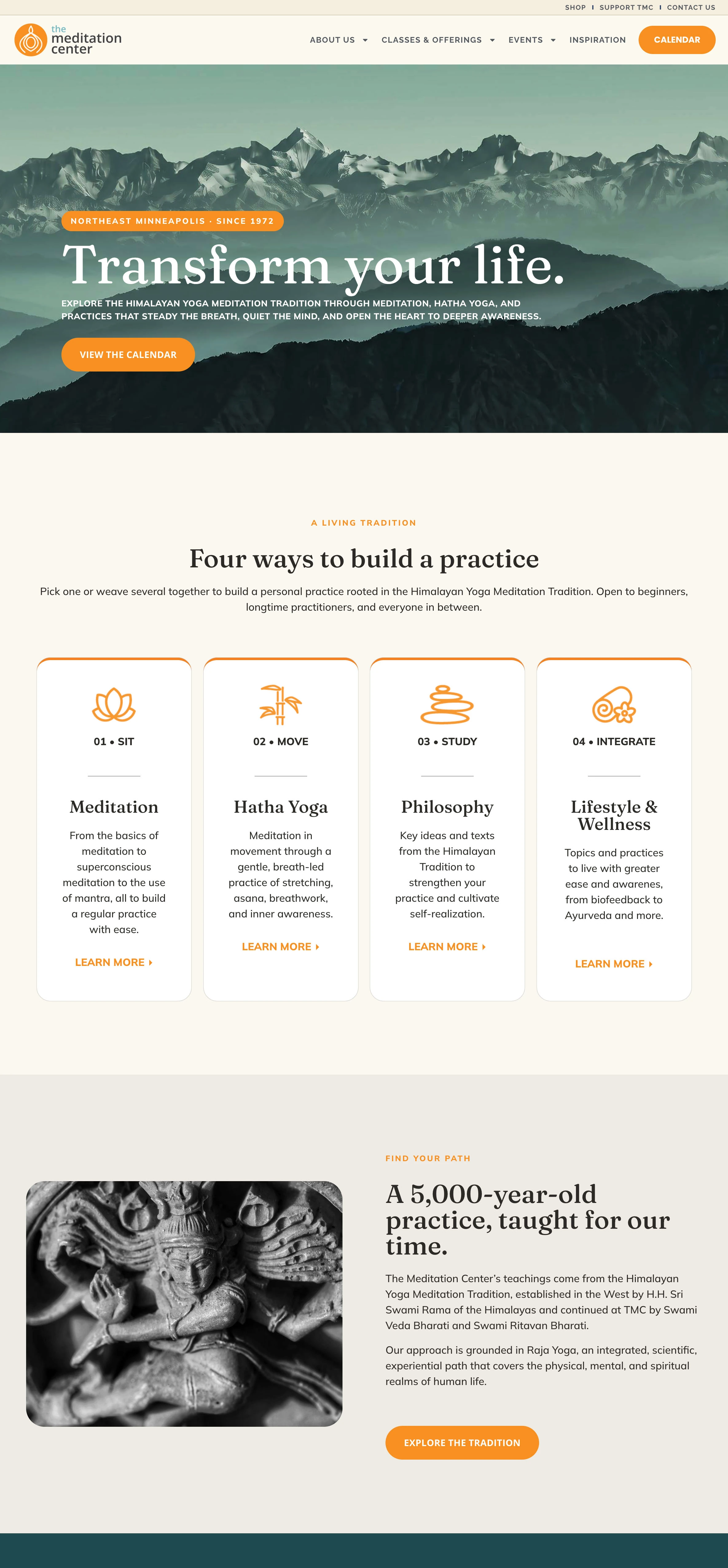 The Meditation Center redesign showing the Transform your life headline, four practice areas, and an introduction to its tradition